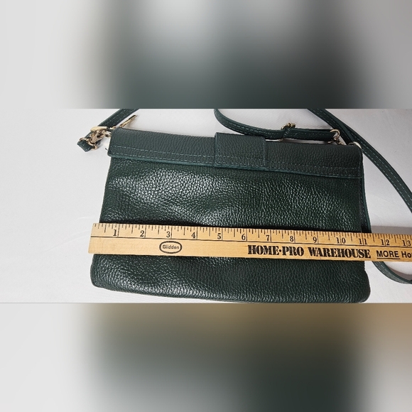 Italian Made Genuine Pebbled Leather Crossbody Purse Dark Green Buckle Flap - Picture 9 of 14